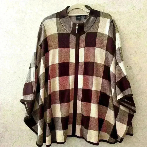 RAFAELLA 1X BROWN/TAN CHECKERED ZIPPERED‎ COMFY FALL WINTER CAREER CAPE - Picture 1 of 7